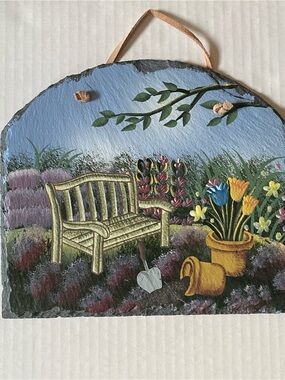 Slate Wall Art Hanging Hand Painted Garden Bench With flower Pots botanical